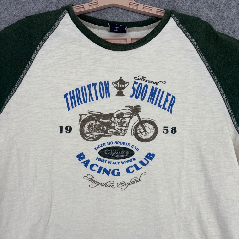 Triumph Motorcycles Thruxton 500 Miler Raglan Graphic T-Shirt Men XL Green Cream